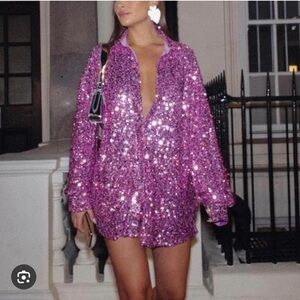 Pink Sequin Shirt Dress